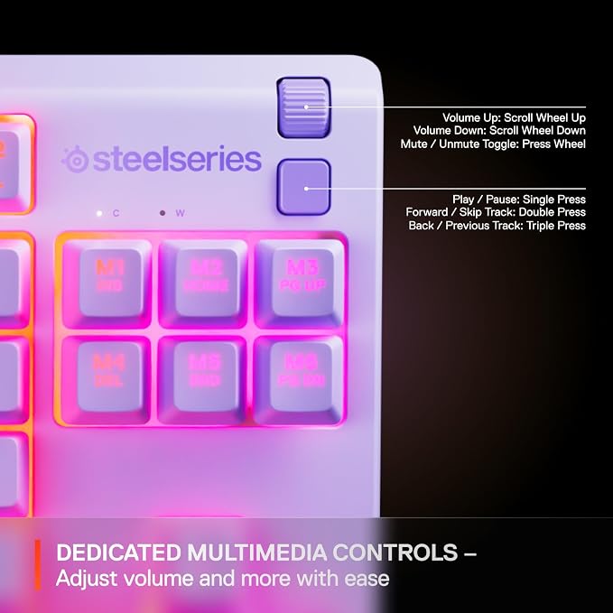 SteelSeries Apex 3 TKL Lavender RGB Gaming Keyboard — Tenkeyless Compact Form Factor — 8-Zone RGB Illumination — Water and Dust Resistant — Whisper-Quiet Gaming Switch