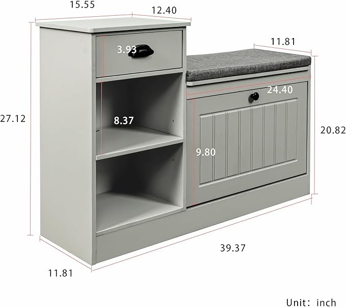 Shoe Storage Bench, Modern Wooden Shoe Cabinet with Flip Drawer and Adjustable Shelf, Entry Way Bench with Padded Seat Cushion for Entryway, Hallway, Living Room,Pebble Grey