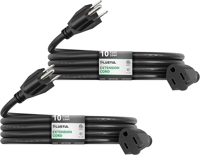 PLUGTUL 2-Pack 10 FT Outdoor Extension Cord Waterproof 16/3 Black Heavy Duty 3 Prong Extension Cord, 13A 1625W SJTW, ETL Listed, Great for Garden and Home