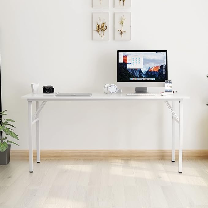 Need Home Office Desk - 62 Inches Large Computer Desk Sturdy Black Table Foldable Desk Gaming Computer Table No Assembly Required AC5DW(157.5 * 60) | White Frame Writing Gaming Work Table/Foldable Home Office Desk/Sewing Table, No Assembly Required