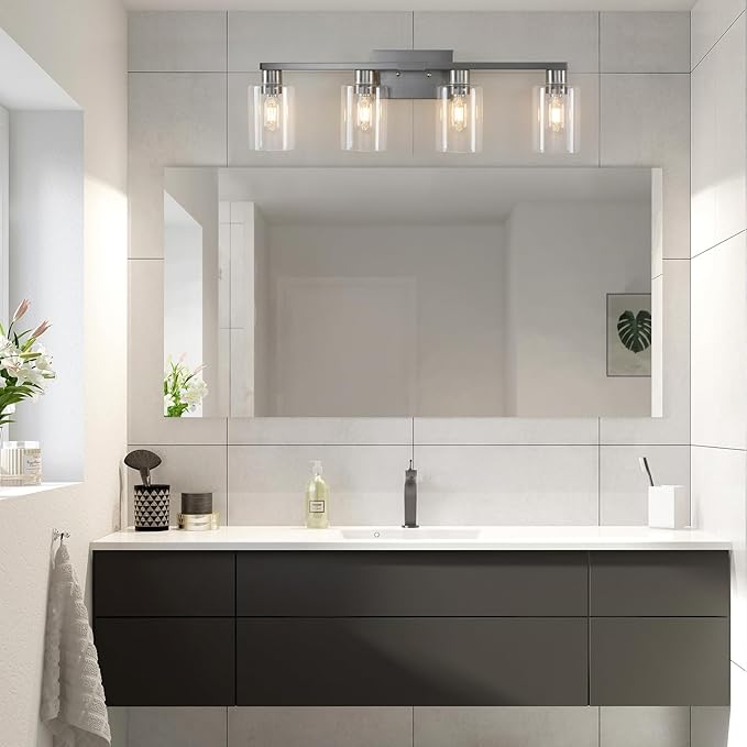 4 Light Bathroom Light Fixtures, Brushed Nickel Modern Bathroom Vanity Light with Clear Glass Shade, Bathroom Lighting Fixtures Over Mirror, Vanity Lights for Bathroom Mirror