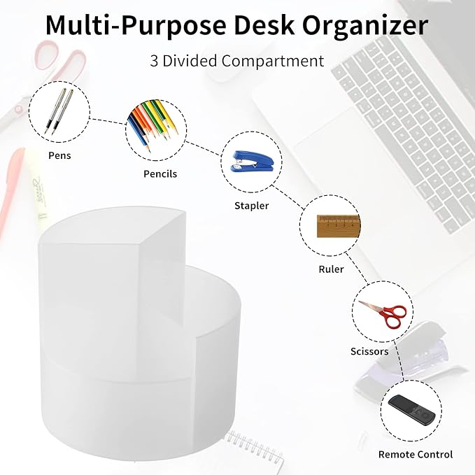 Desk Pencil Pen Holder, 3 Slots 360-Degree Spinning Organizers, Desktop Storage Stationery Supplies, Cute Cup Pot for Office, School, Art Supply, Kids - Clear