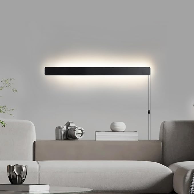 Modern Plug in Wall Sconces, 23.6 inch Frosted Black LED Long Wall Lights, 12W Warm White 3000K Acrylic Indoor Wall lamp,with 59" Plug Cable for Bedroom, Living Room, Bathroom Makeup, Hallway
