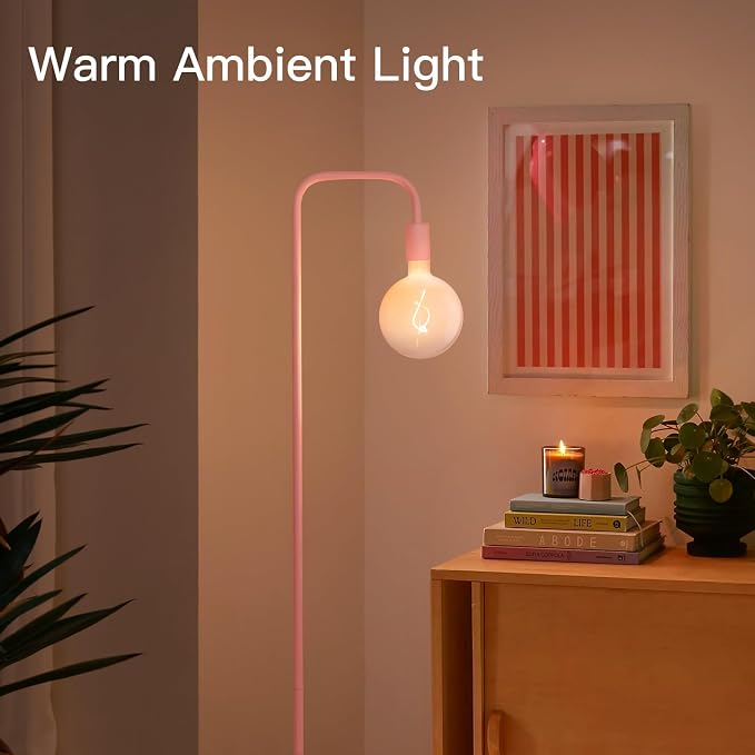 ONEWISH Pink Floor Lamp for Bedroom, Cute Standing Lamp with LED Bulb, Translucent Pink Globe Glass 2700k Warm Lighting. Globe Floor Lamp for Livingroom, Bedroom,Office