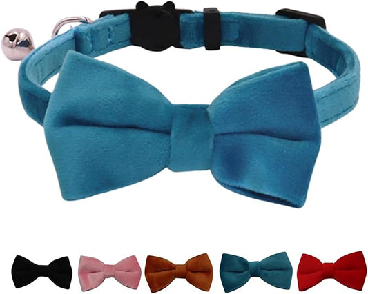 Cat Collar Breakaway with Bell and Removable Bow Tie Safety Buckle Velvet Adjustable 7-11 inches for Kitten Cats (Blue)