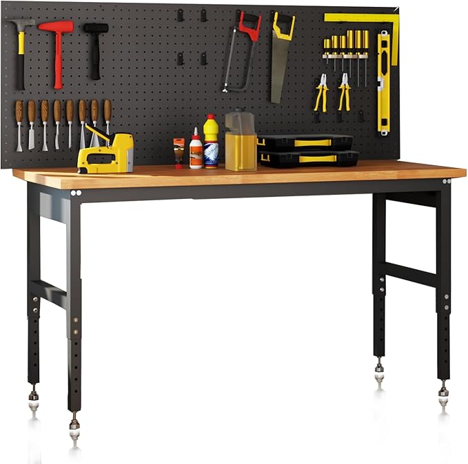 60" Heavy Duty Adjustable Workbench with Pegboard,2000 LBS Capacity Wood Work Table for Woodworking Shop, Garage, Home