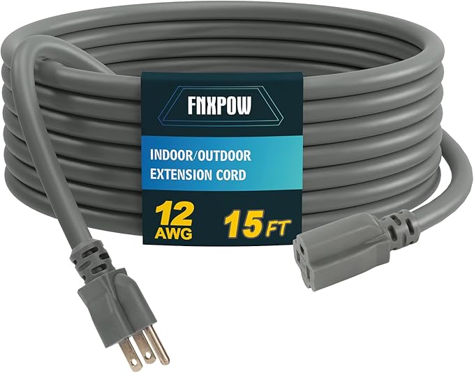 Indoor Outdoor Extension Cord, 12 Gauge 3 Prong Weatherproof Heavy Duty Gray Extension Cords, 12/3 SJTW 15A 15 FT Extension Cable for Garage, Garden and Home, UL Listed