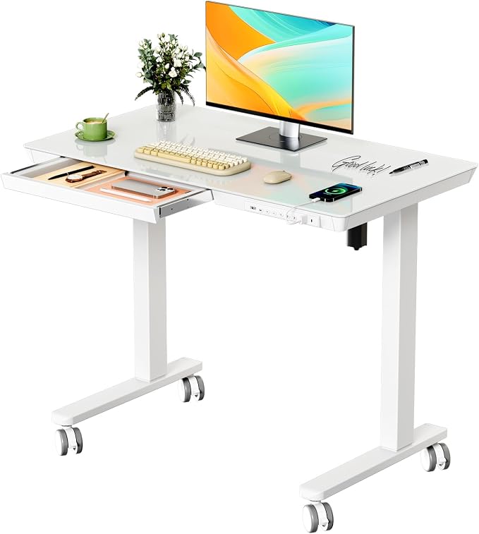 35" Electric Standing Desk with Drawer, One-Piece Glass Top | Quick Install One-Piece Tabletop with USB Charging Ports, Sit Stand Computer Desk with Wheels for Small Space, White