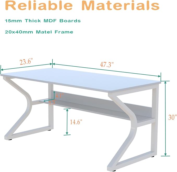 OSCHF 47.3-Inch Writing Desk with Storage Shelf, Warm White | Space-saving, Single-Person Workstation, Modern Study Gaming Computer Desk, Suitable for Home Office, Bedroom and Dorms