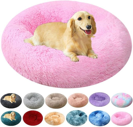 Calming Small Dog Bed Cat Bed, 24 Inch Donut Fluffy Anti-Anxiety Round Bed Washable Cute Bed, Cuddler Warming Cozy Soft Bed, Plush Cushion Bed for Small Medium Dogs and Cats (Bright Pink)