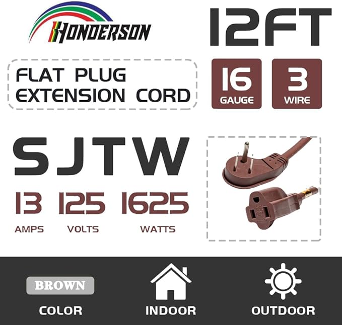 Flat Plug Indoor Extension Cord, UL Certified, 16 Gauge 12FT Brown 3 Prong Heavy Duty, 16/3 SJTW 13A Power Cord for Lights, Appliances, Home
