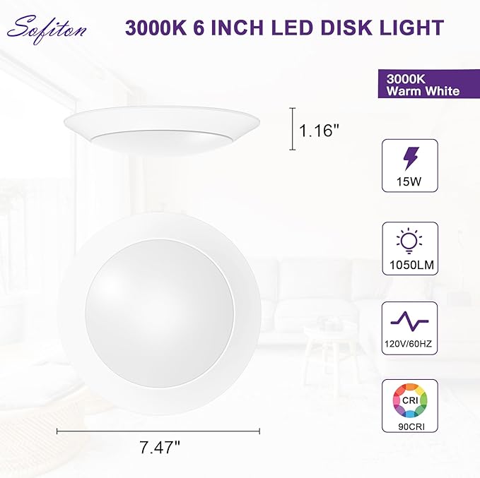 LED Disk Lights 6 Inch, 15W Surface Mount LED Ceiling Light 1050LM, 3000K, 120V, Dimmable, CRI90+, Flush Mount Disc for Kitchen, Closets, Bathroom, ETL Listed, 1Pack
