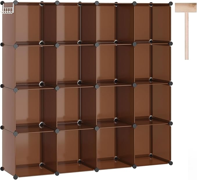 C&AHOME 16-Cube Storage Organizer, Plastic Shelves Units, DIY Closet Organizer, Modular Shelves Ideal for Home, Bedroom, 48.4" L 12.4" W 48.4" H Brown UPCS16C