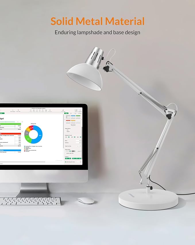 LEPOWER Metal Adjustable Desk Lamp with Clamp, Swing Arm for Home Office | Gooseneck, Architect Style, Eye-Caring Table Lamp, On/Off Switch, E26 Base, Reading for Dorm, Bedroom, Study, Back to School