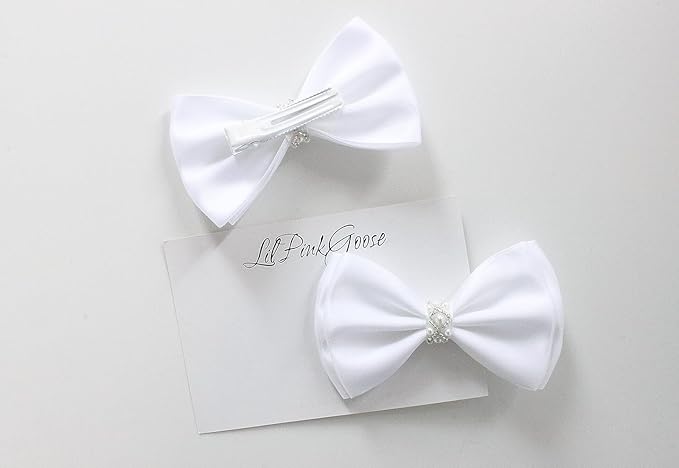 0-12 Newborn Baby Baptism Pearl Headband or Clip with Bow in WHITE Christening Headband with Satin Bow, Pearl Rhinestone Band (Off White Clip, 1 Count (Pack of 1))