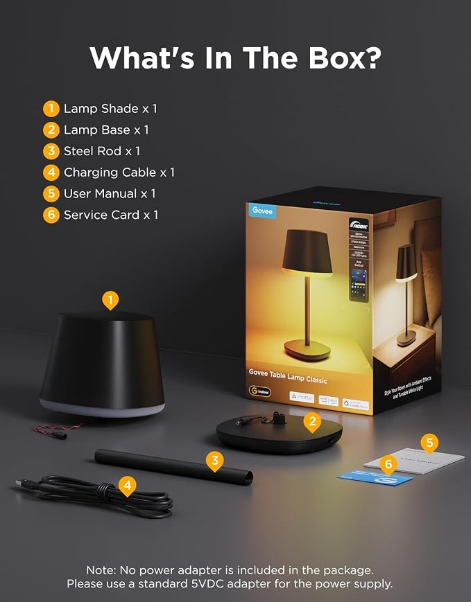 Govee Smart Cordless Table Lamp Classic (No Adapter), RGBIC Desk Lamp | Rechargeable Table Lamp for Bedroom, Living Room, Portable Lamp Works with Matter, Bedside Lamp with 72 Scenes Modes, 500lm