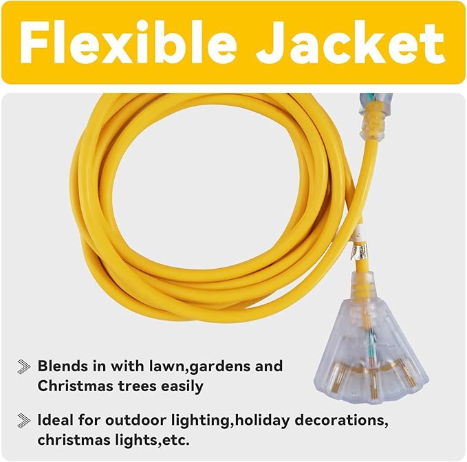 EP 30 Ft 12 Gauge Heavy Duty Extension Cord, 15A 125V 1875W, 3 Outlet Indoor/Outdoor Power Cord with Lighted End, 12/3 SJTW Weatherproof Yellow