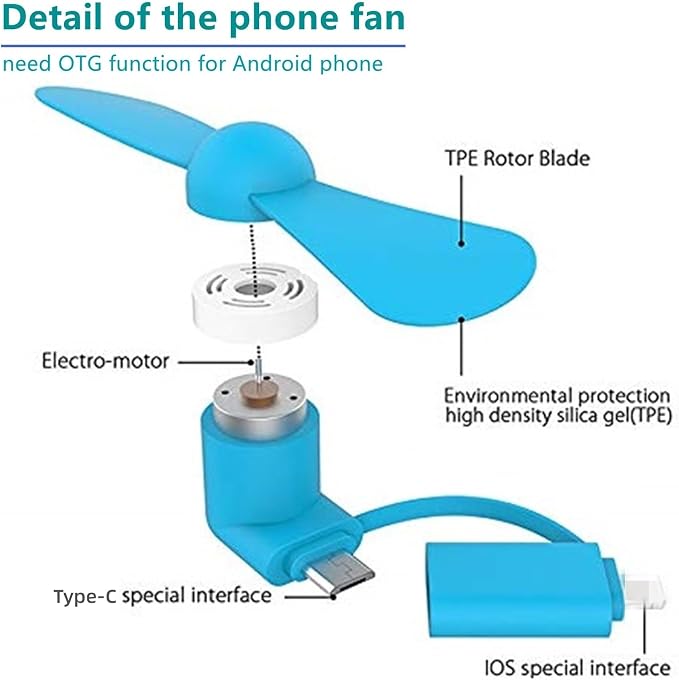 Type USB C 2-in-1 Cell Phone Fan, for iPhone All Series 7 8 X 11 12 13 14 15 16 17 XS XR Plus Mini Pro Max SE, for Samsung Galaxy S, Z Fold Flip, A1/A2/A3/A5 Series, M1/M3/M5, Note Series (Color x6)