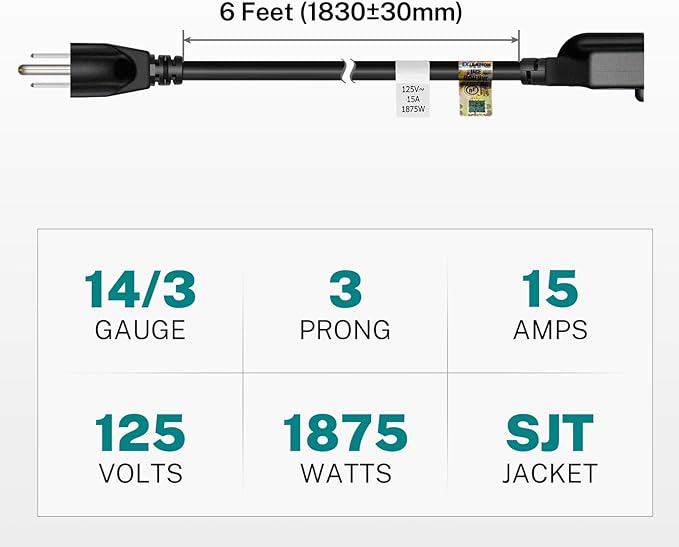 FIRMERST 1875W Heavy Duty Extension Cord 6 Feet 14 AWG 15A Black