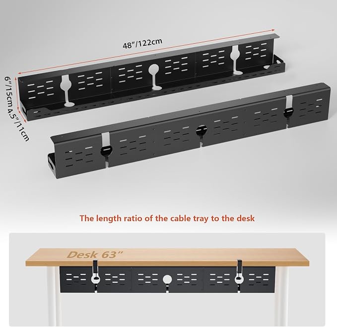 Univivi Under Desk Cable Management Tray, Cable Management, 48 inch, Black | Durable Steel, Cable Management with No-Drill C-Clamp and Screw Mount, Effortless Wire Management for Office/Home