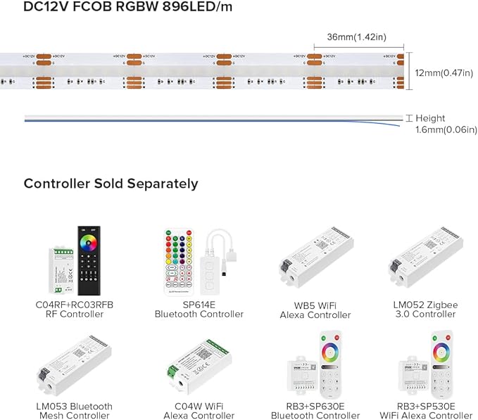 BTF-LIGHTING FCOB COB LED Strip RGBW 3000K 896LED/m 16.4FT DC12V Color Changing Flexible High Density Uniform Light 12mm Width for Home Indoor Decoration(No Adapter or Controller)