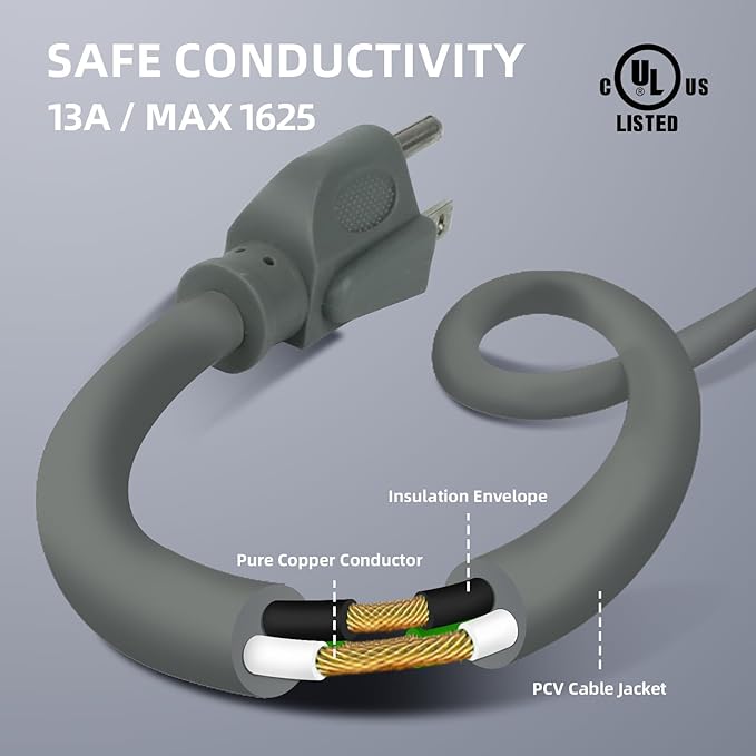 EP 10 Ft Outdoor Extension Cord - 16/3 SJTW Gray Electrical Cable with 3 Prong Grounded Plug