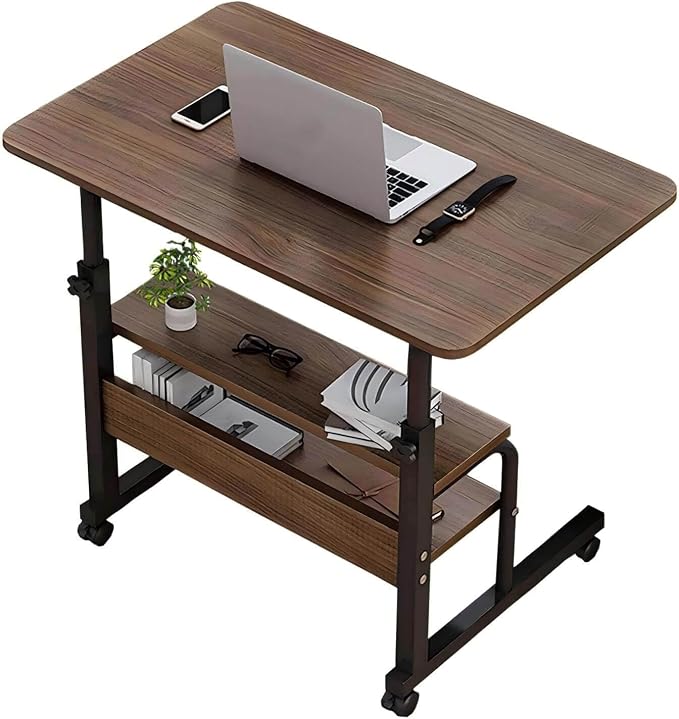 Adjustable Table Student Computer Desk Portable Home Office Furniture Small Spaces Sofa Bedroom Bedside Learn Play Game Desk on Wheels Movable with Storage Size 31.5 * 15.7 Inch Brown A