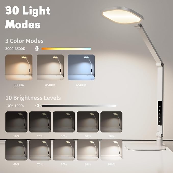 LitONES LED Desk Lamp for Home Office, Soft Edge-lit Design - Modern Style | Eye-Caring Diffused Light, Professional Computer Light for Reading, Crafts & Zoom, Dimmable with 30 Modes, Memory & Timer