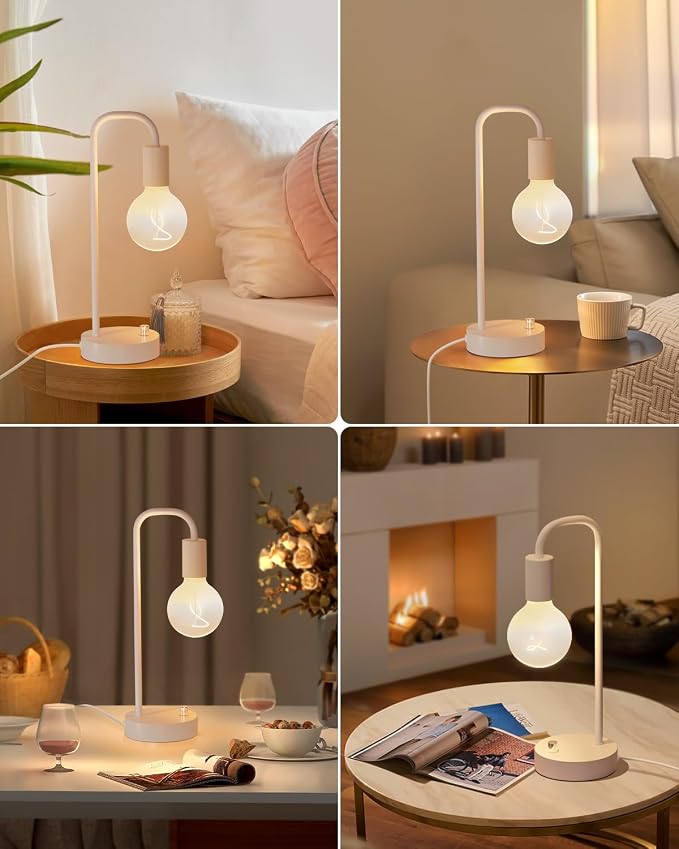 ONEWISH Industrial Small Table Lamp for Bedroom, Fully Dimmable Modern Beside Lamps with 2700K Warm Light Bulb for Kids Reading, White Nightstand Lamps for Living Room, Dorm,Home Office