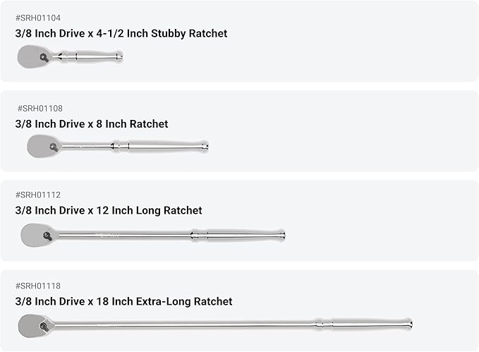 TEKTON 3/8 Inch Drive Non-Quick-Release Ratchet, L-Handle, and Breaker Bar Set (10-Piece) | SDR99103