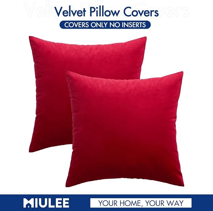 MIULEE 24x24 Inch Pack of 2 Euro Velvet Throw Pillow Covers Red | Soft Solid Decorative Euro Sham, Modern Luxury Home Decor, for King Bed Sofa Couch Bedroom Livingroom