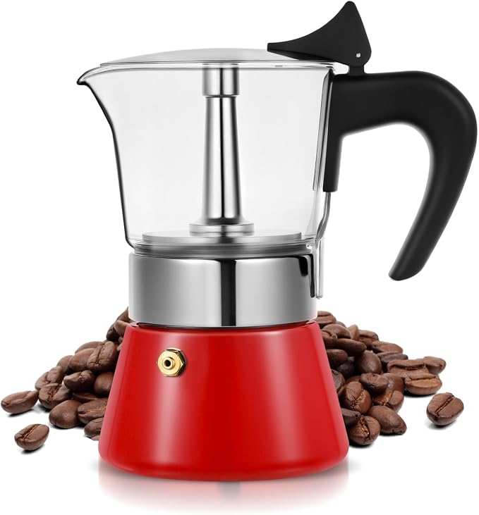 4 Cup 200ml Glass Moka Pot, Stovetop Espresso Maker, Red | Crystal Glass-top & Stainless Steel Coffee Maker, Induction Compatible, for Greca de Cafe, Cuban and Italian Coffee Brewing