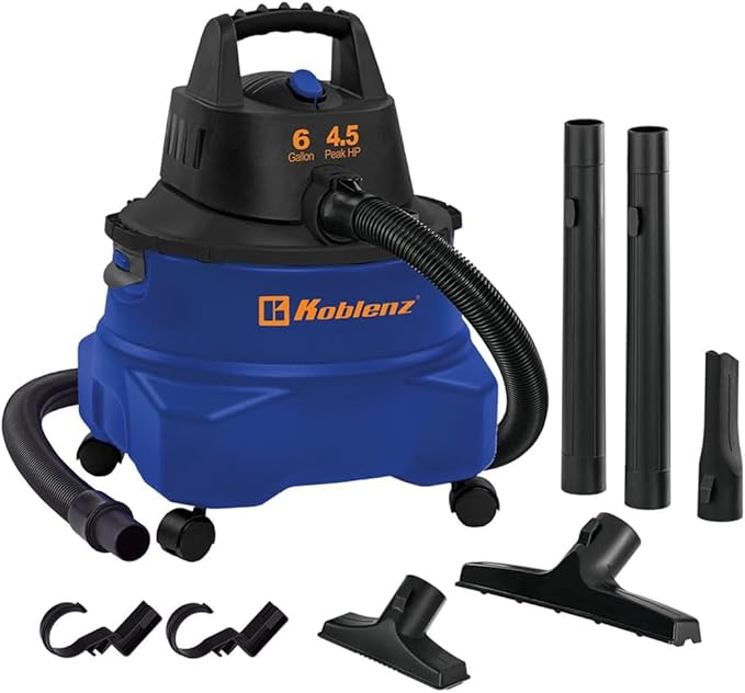 Koblenz Wet-Dry Vacuum Cleaner, 6-Gallon Tank, Superior 4.5 Peak HP Motor, Lightweight Vacuum Cleaner and Blower, Tackles Dry and Wet Messes, Accessories Included, Black+Blue (WD-6 L212)
