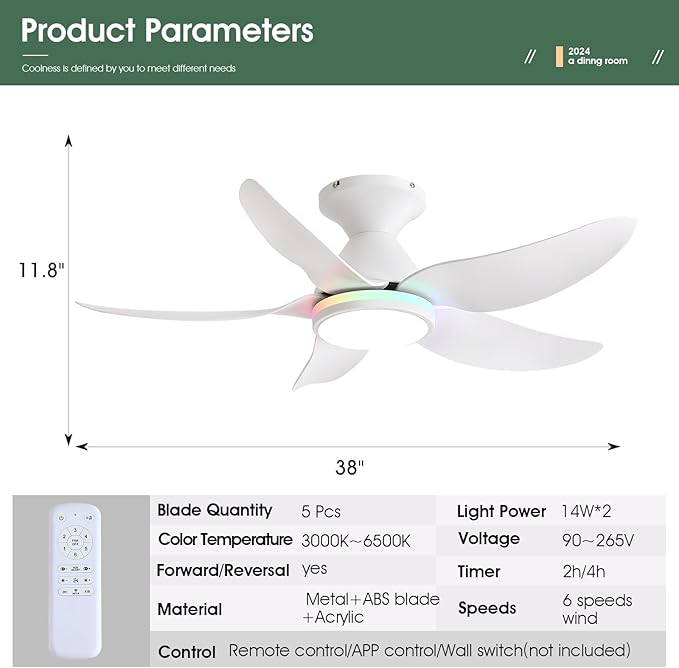 Ceiling Fans with Lights Remote/APP Control, 38" Low Profile Ceiling Fans with Dimmable White Colors+Ring RGB Lights, 6 Speeds 5 Reversible Blades for Kids Room Bedroom Living Room, White
