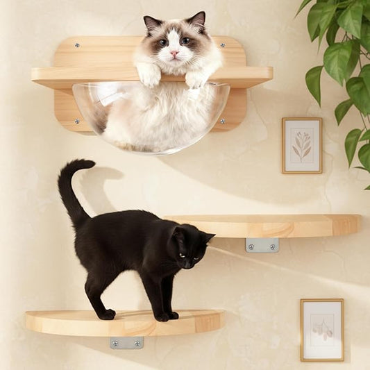 3 Pcs Cat Wall Shelves Set, Thicken Wooden Transparent Capsule Kitten Shelves Bed with 2 Pcs Pedals, Cat Climbing Wall Furniture Set for Sleeping Playing Climbing - Easily Holds up to 35 Lbs