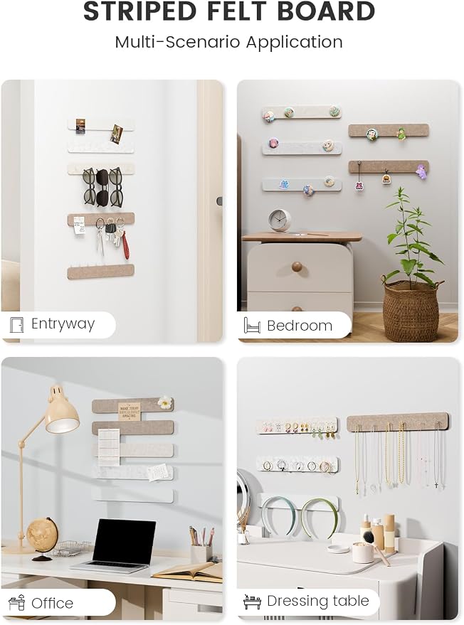 Fluxynara 13" x 2" Felt Wall Panels, Stone Beige | 5-Pack Cork Board Alternative with 35 Push Pins, Adhesive Mounting for Bedroom Door or Home Office
