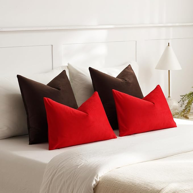 Lumbar Pillow Covers 12x20 Christmas Red: Pack of 2 Cozy Soft Velvet Rectangular Modern Luxury Decorative Throw Pillow Cases for Sofa Couch Living Room Bed Home Decor