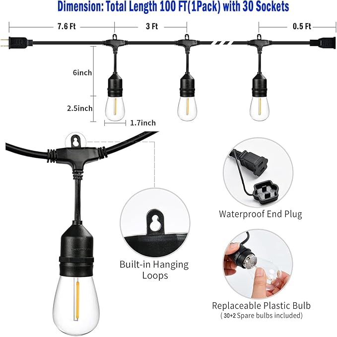 100FT String Lights for Outside Patio Lights with 30+2 Replaceable S14 2200K Warm Bulbs for Outdoor Pergola Backyard Porch, Linkable, Hooks and Zip Ties Included, 1-Pack