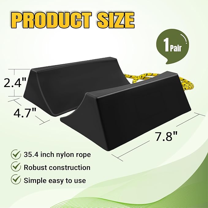 ROBLOCK Upgrade Wheel Chocks for Lightweight Travel Trailer Light Truck Car Tractor, Sturdy Simple Easy to use,Tires Light Block Stopper Chock with Nylon Rope Yellow Reflective Tape (2pack)