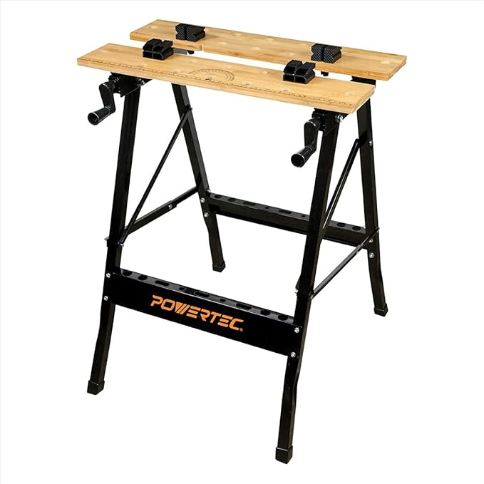 POWERTEC Portable Small Workbench with Vise, Imprinted Ruler and Protractor Scale, Folding Sawhorse/Worktable and 4 Bench Dogs for Woodworking Projects (MT4006V)