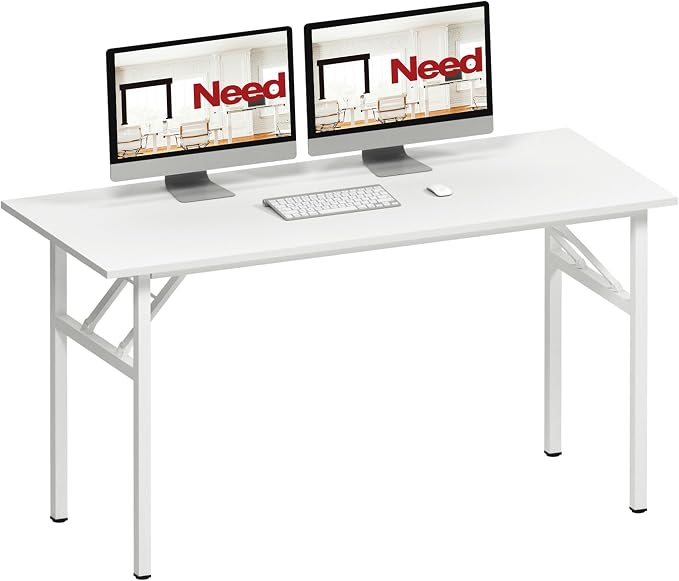 Need Office Computer Desk 54.3 Inch Sturdy Folding Laptop Table White | White Frame Writing Gaming Work Table/Foldable Home Office Desk/Sewing Table, No Assembly Required