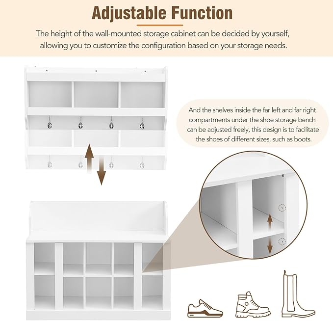 Contemporary Shoe Storage Bench with Wall Mounted Coat Rack, Elegant Hall Tree for Entryway, Mudroom, White