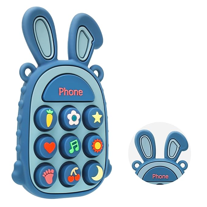 Teething Toys for Babies, BPA-Free Silicone Teether Toy for Infants, Cute Rabbit Phone Design with Easy-Grip Ears, Soothing Gums and Push Pop for Boy and Girl