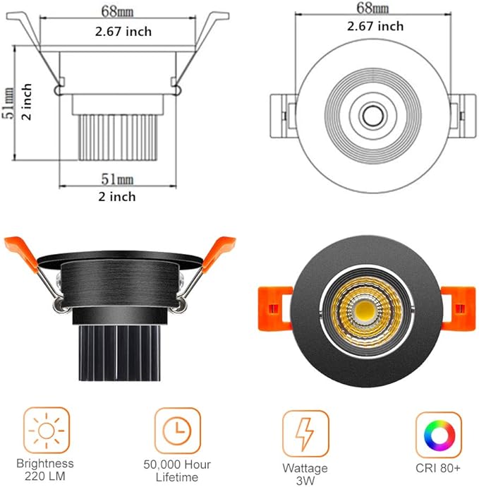 LightingWill 2inch LED Dimmable Downlight, 3W COB Recessed Ceiling Light, Warm White 3000K-3500K, CRI80, 25W Halogen Bulbs Equivalent, Black (10Pack)