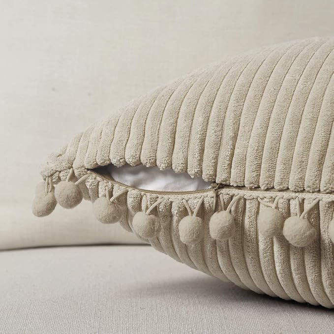 Fancy Homi Pack of 2 Tan 20x20 Inch Decorative Throw Pillow Covers with Pom-poms, Soft Corduroy Solid Square Cushion Cases Set for Living Room Couch Sofa Bedroom Car (20x20 Inch/50x50 cm, Khaki)
