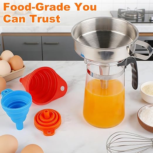 No Spill Kitchen Funnel Set, Food Grade 3 Collapsible Silicone Funnels with 1 Stainless Steel Funnel, Strainer for Hot Oil, Brush, Hook, and Storage Bag, Filling Bottles, Liquids, and Dry Ingredients
