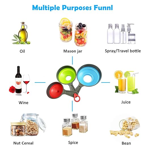 Funnels for Filling Bottles, Wide Mouth Canning Funnel for Kitchen Use Mason Jars, Small Funnel for Transfer Liquid, Oil and Powder, Food Grade Silicone Collapsible Filter Set (3 Pack)
