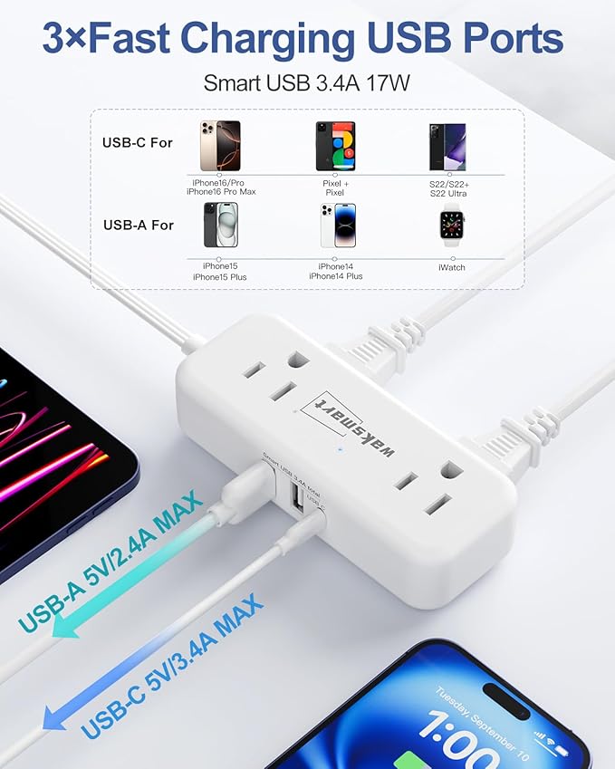 Flat Plug Power Strip - 5 Ft Thin Flat Extension Cord with 4 AC Outlets 3 USB Ports (5V/3.4A 17W), Flat Outlet Wall Plug Compact for College Dorm, Travel, Home, Office Desk Accessories