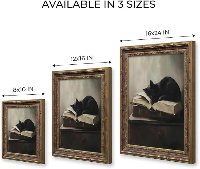 Vintage Moody Gothic Black Cat Wall Art, Dark Academia Cat Canvas Print, | Sleeping Cat on Antique Books Painting Poster, Literary Picture Wall Decor for Living Room Bedroom Office 12x16 In