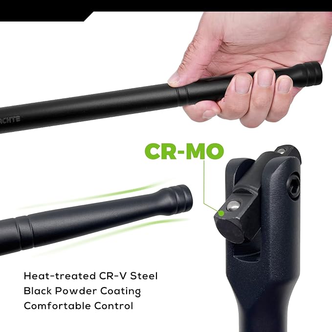 16-inch Dual Drive Breaker Bar, 3/8" & 1/2" Drive, Heavy Duty Breaker Bars with 360° Rotatable Head, Spring-loaded Detent Ball, Premium Chrome Vanadium Steel with Black Powder Coating